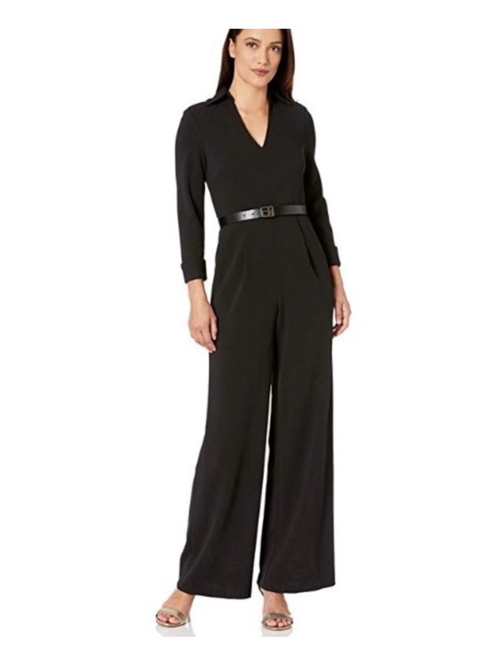 Calvin Klein Black V-Neck Long-Sleeve Wide-Leg Jumpsuit With Belt